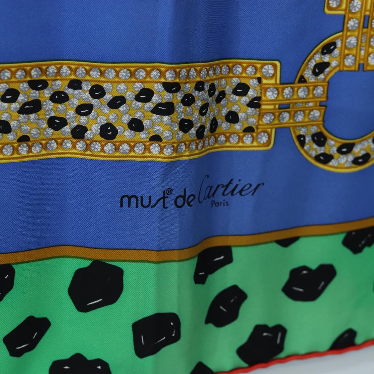CARTIER Leopard Pattern Scarf Silk Green Blue Auth am12079M
