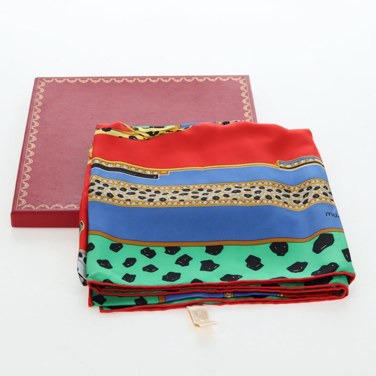 CARTIER Leopard Pattern Scarf Silk Green Blue Auth am12079M