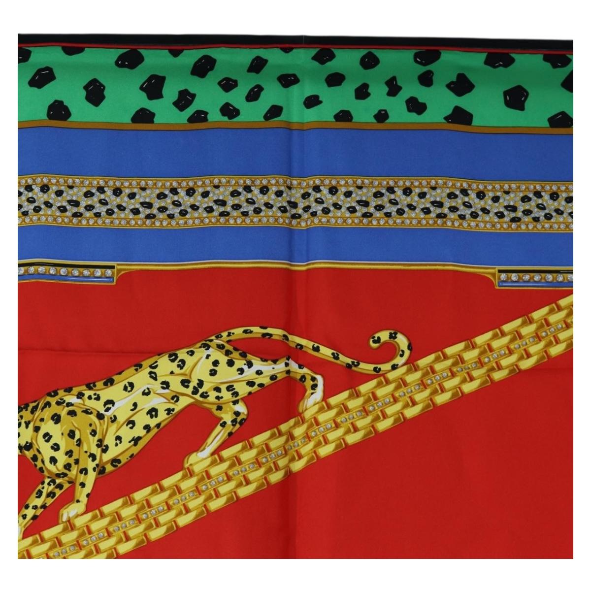 CARTIER Leopard Pattern Scarf Silk Green Blue Auth am12079M