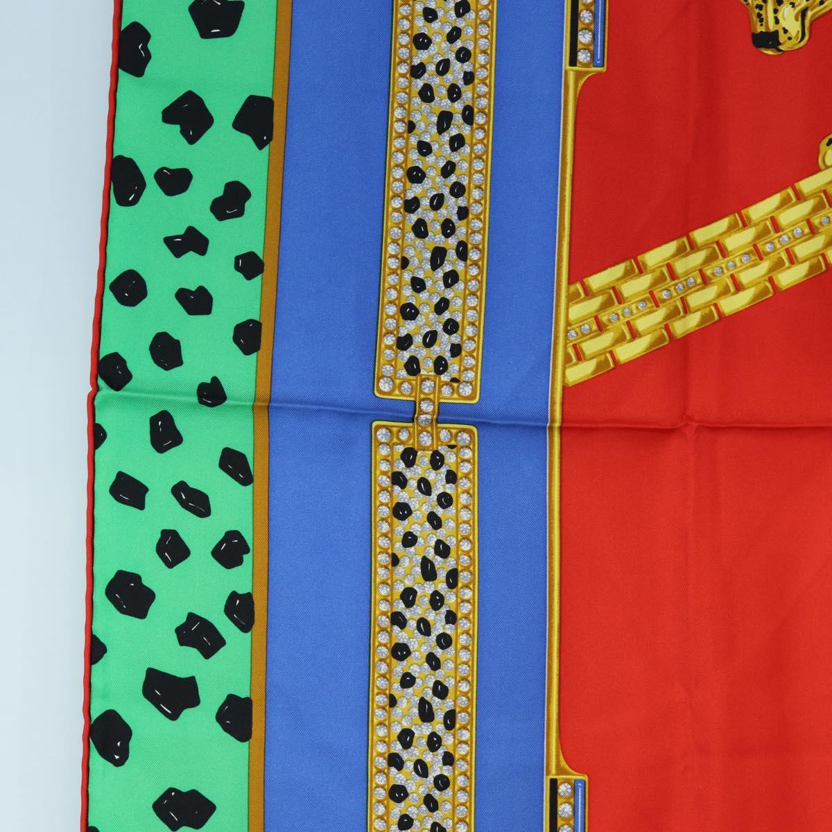 CARTIER Leopard Pattern Scarf Silk Green Blue Auth am12079M