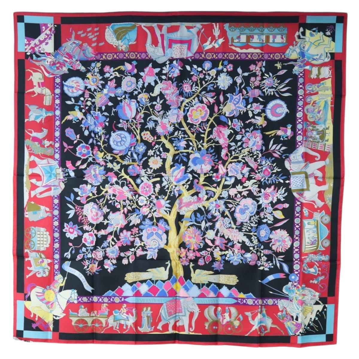 HERMES Carre 90 Scarf ”fantaisies indiennes” Silk Red Black Auth am12080M