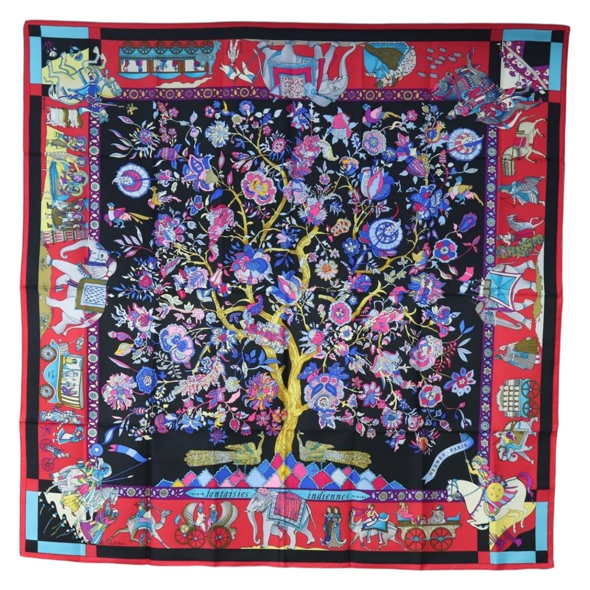 HERMES Carre 90 Scarf ”fantaisies indiennes” Silk Red Black Auth am12080M