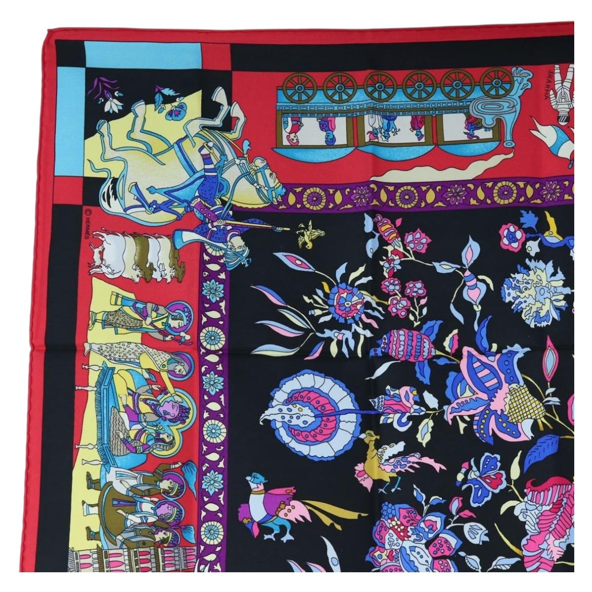 HERMES Carre 90 Scarf ”fantaisies indiennes” Silk Red Black Auth am12080M