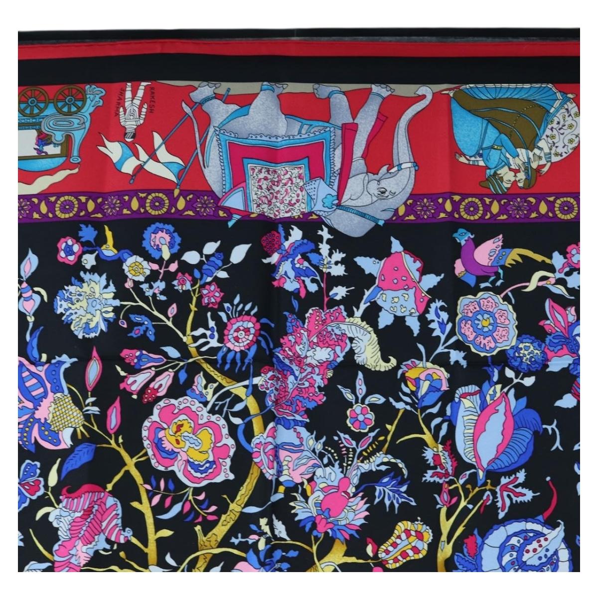 HERMES Carre 90 Scarf ”fantaisies indiennes” Silk Red Black Auth am12080M
