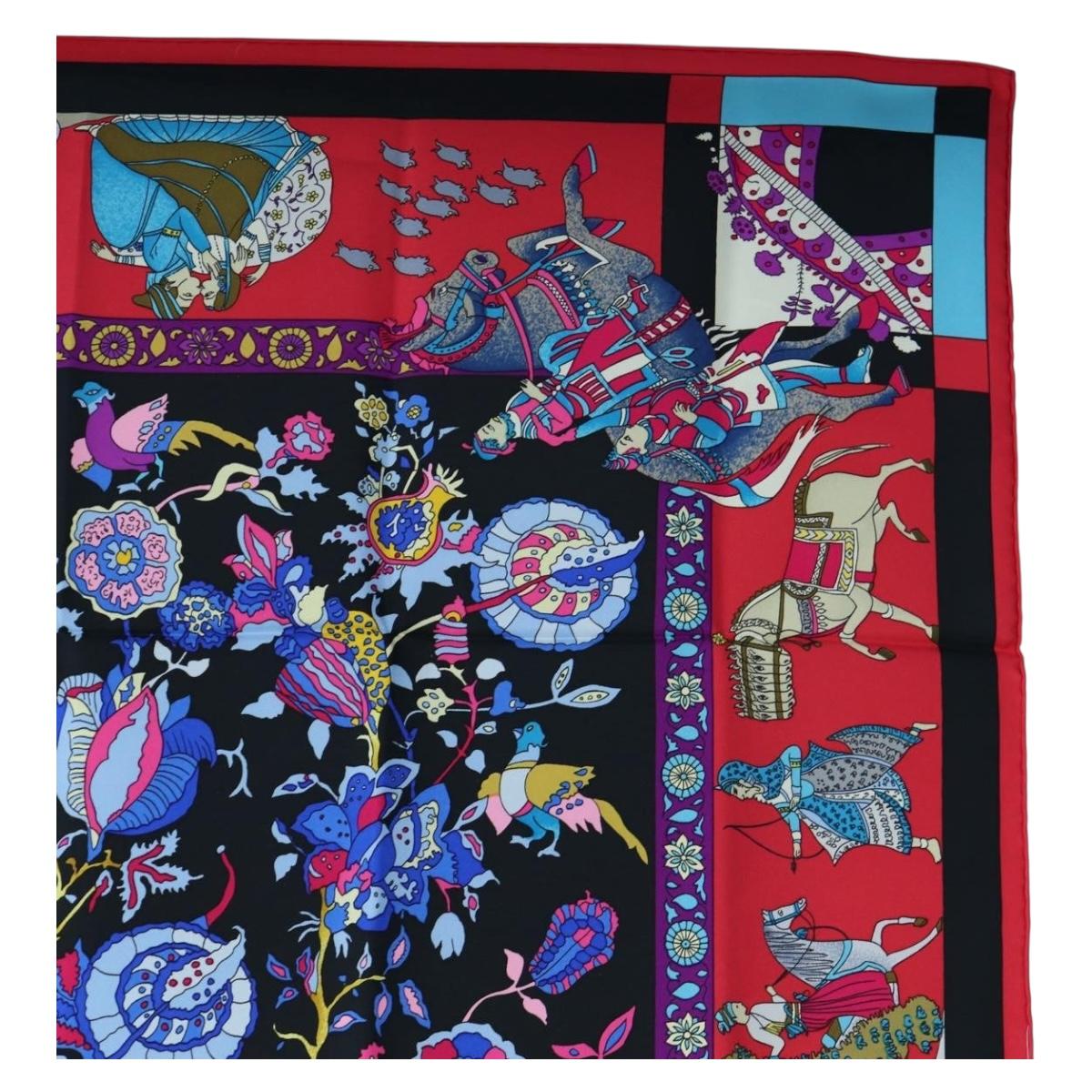 HERMES Carre 90 Scarf ”fantaisies indiennes” Silk Red Black Auth am12080M