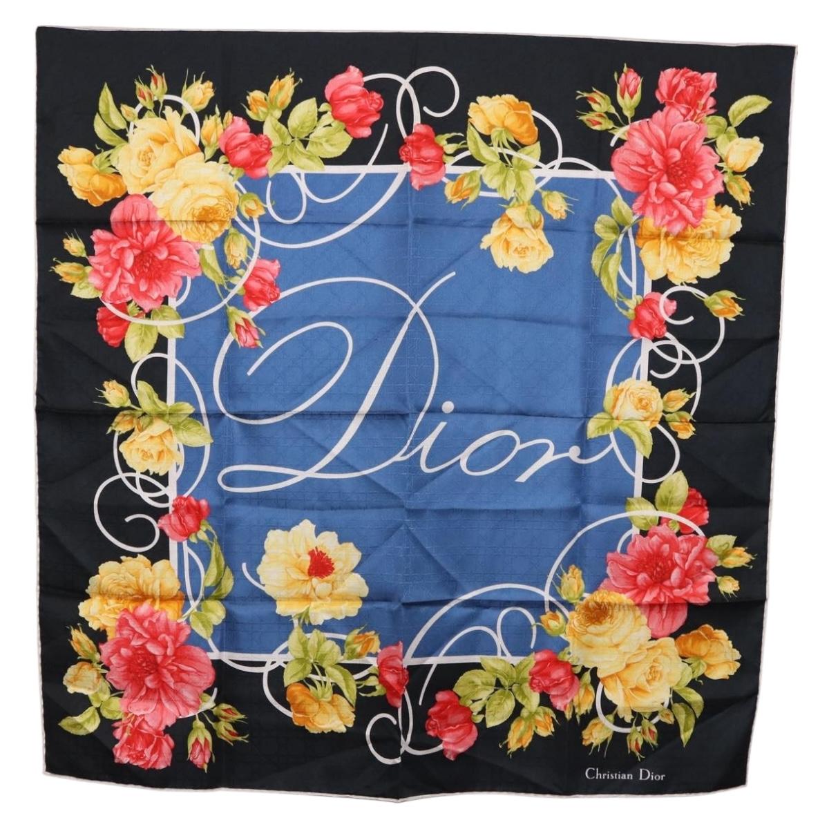 Christian Dior Floral Scarf Silk Black Blue Auth am12095M