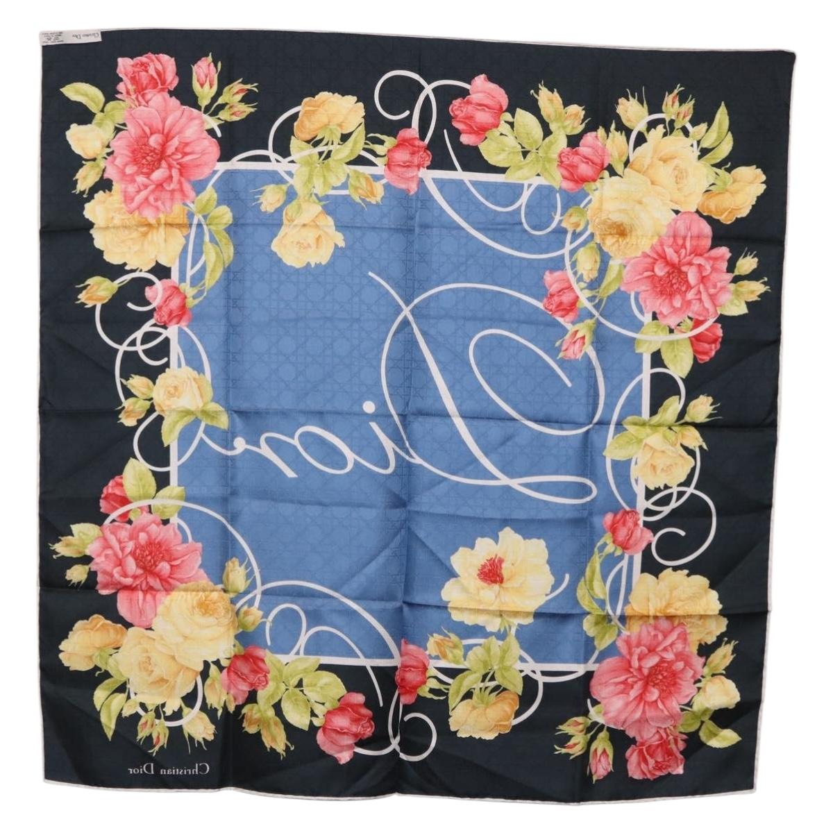 Christian Dior Floral Scarf Silk Black Blue Auth am12095M