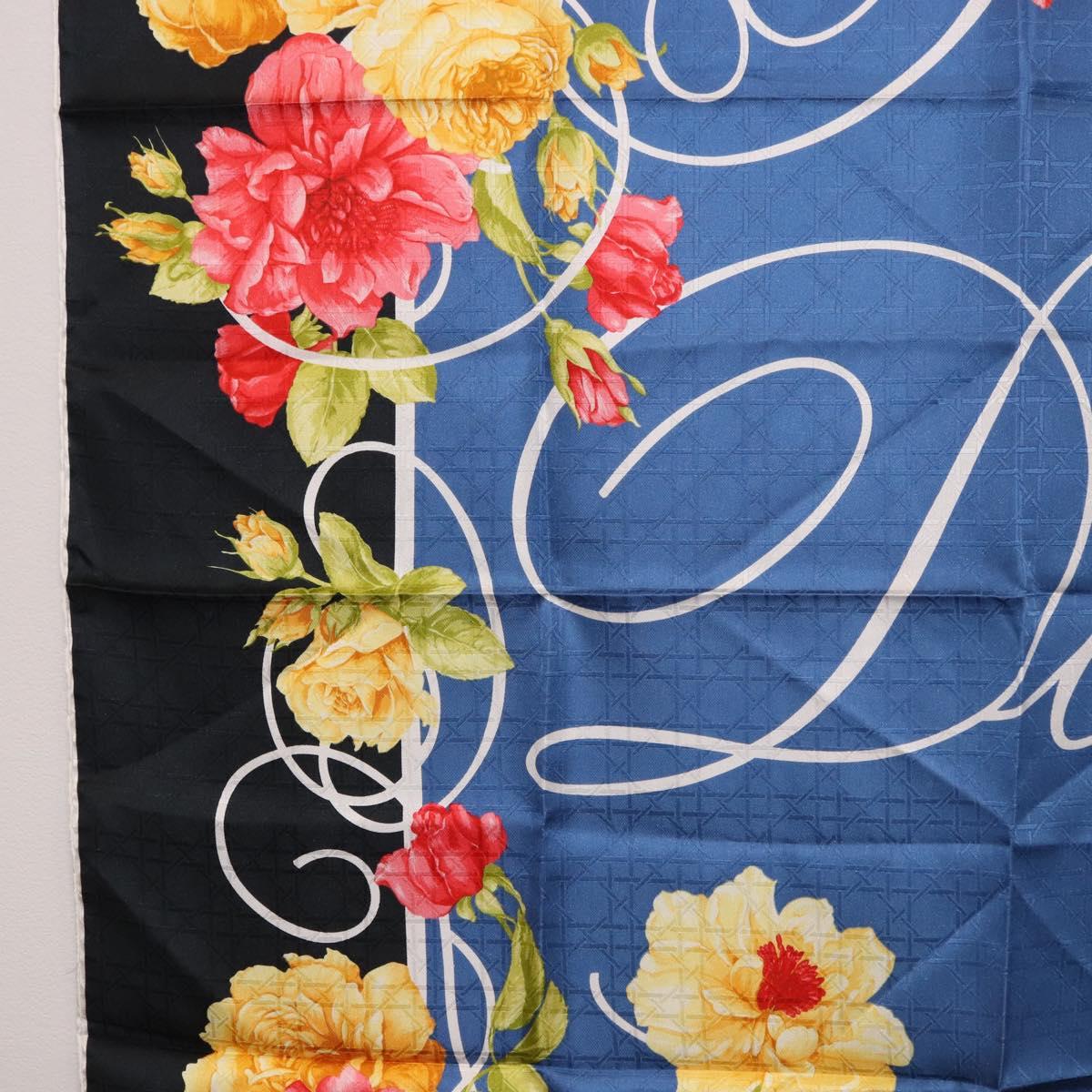 Christian Dior Floral Scarf Silk Black Blue Auth am12095M