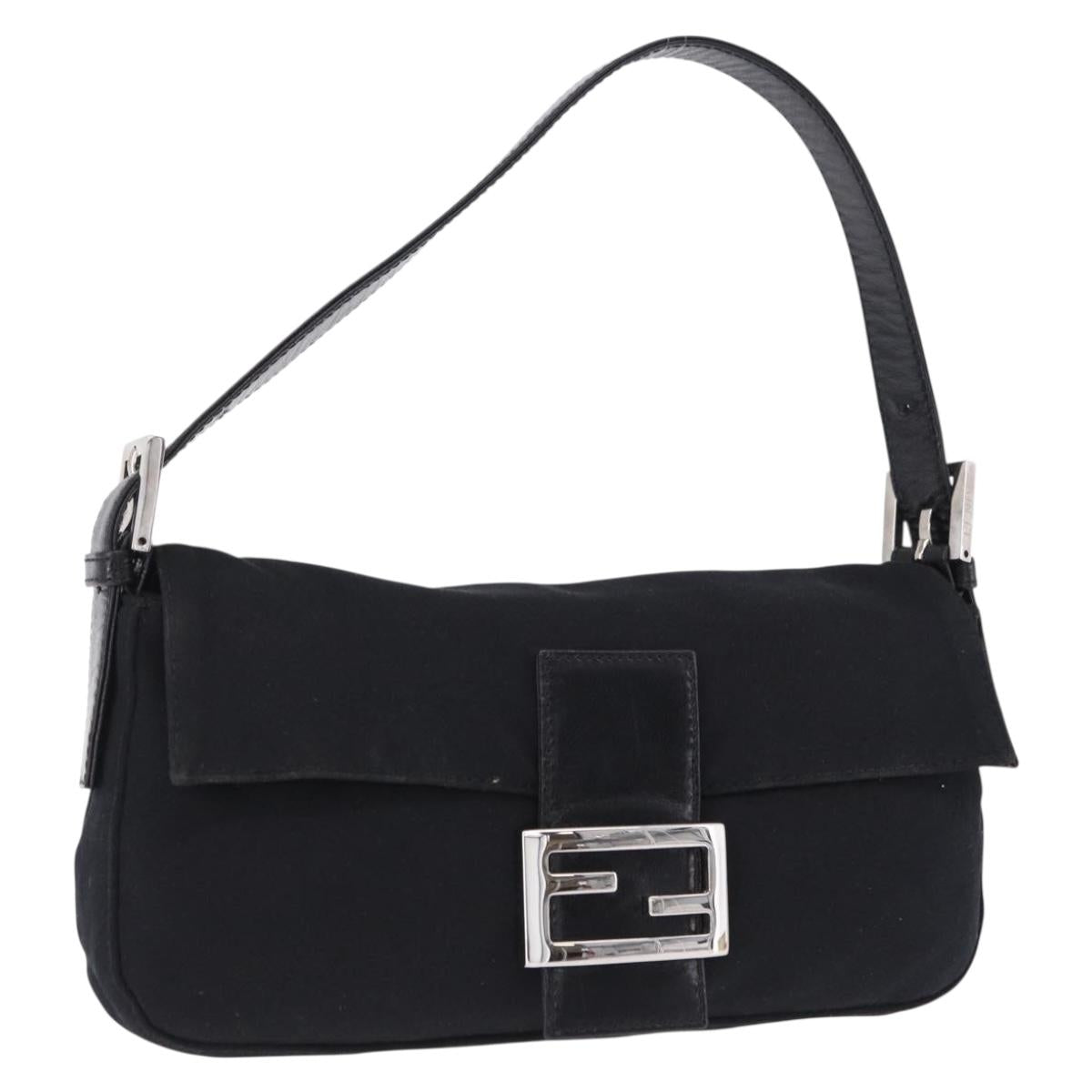 FENDI Mamma Baguette Shoulder Bag Cotton jersey Black Silver Auth am12099V