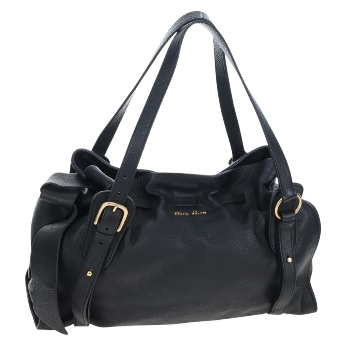 Miu Miu Side Ribbon Tote Bag Leather Black Gold RR1312 Auth am12103SAM