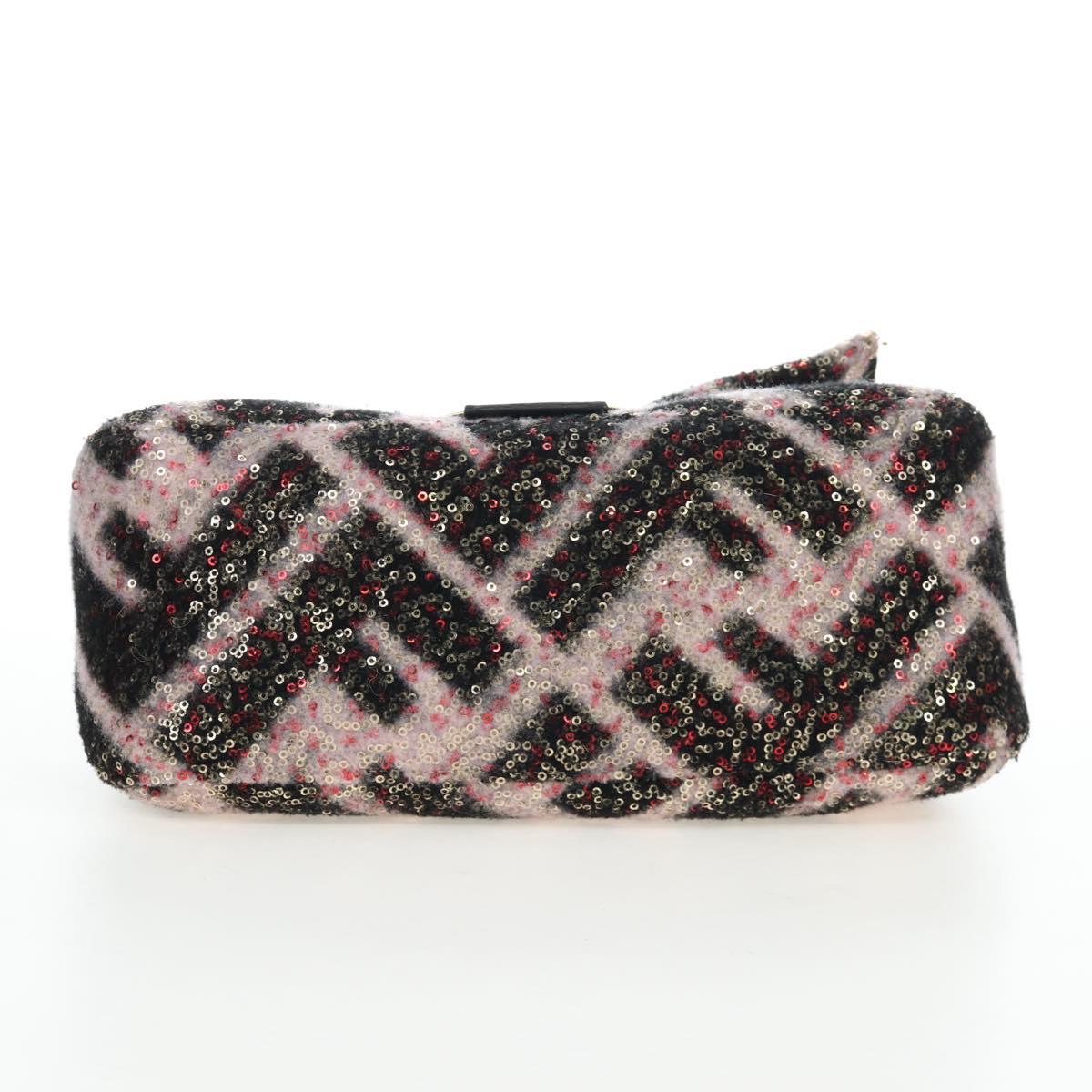 FENDI Chain Mamma Baguette Bag Wool Sequin Enamel Black Pink Auth am12104SM