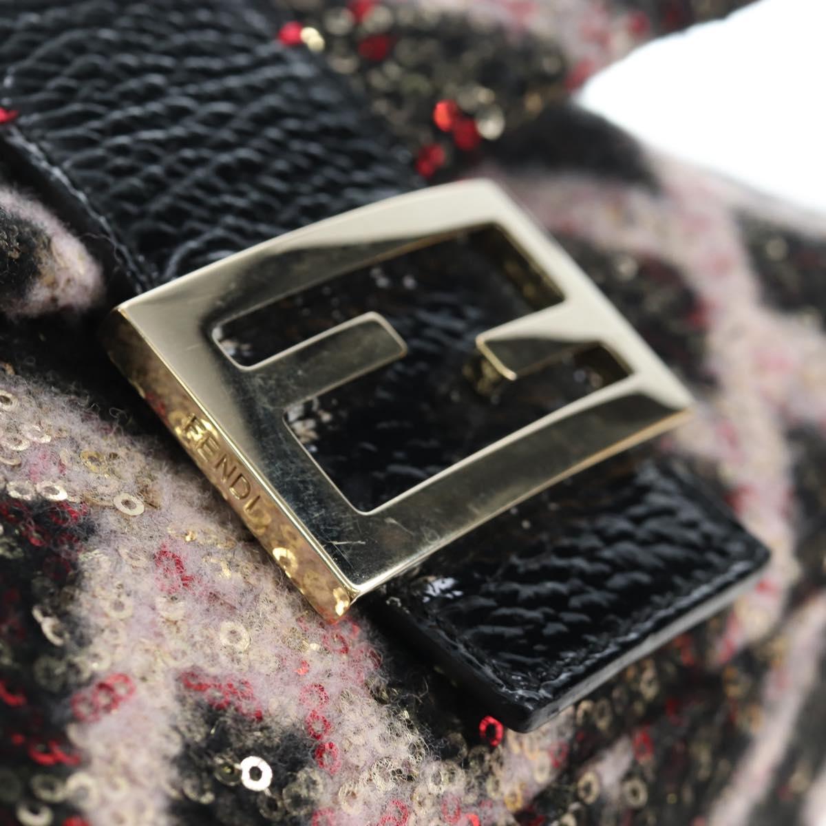 FENDI Chain Mamma Baguette Bag Wool Sequin Enamel Black Pink Auth am12104SM