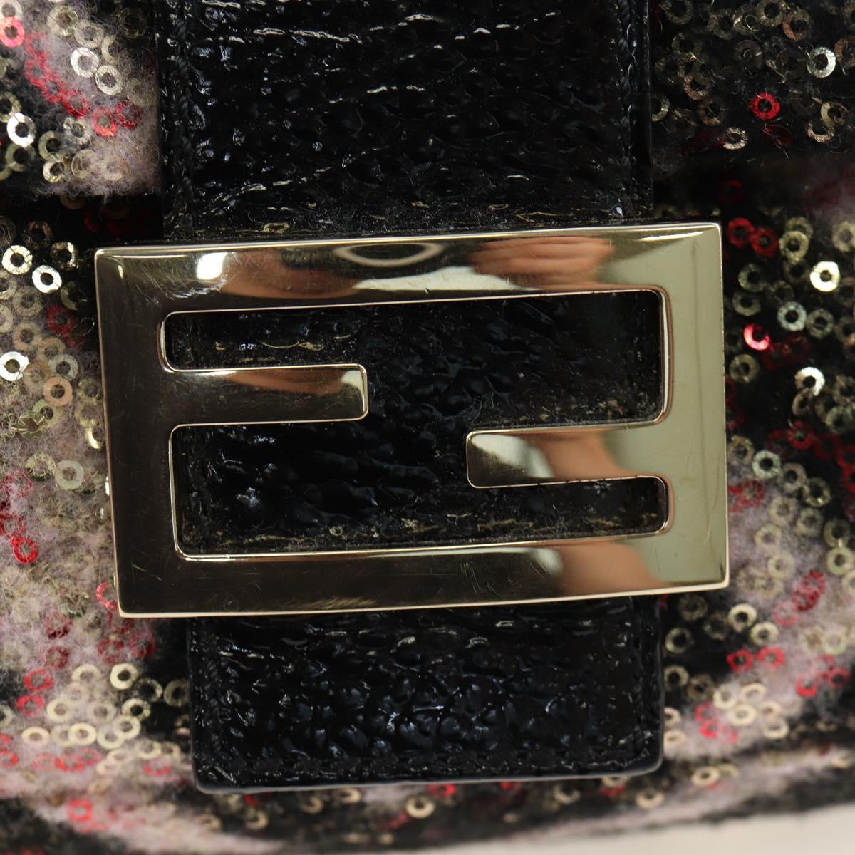 FENDI Chain Mamma Baguette Bag Wool Sequin Enamel Black Pink Auth am12104SM
