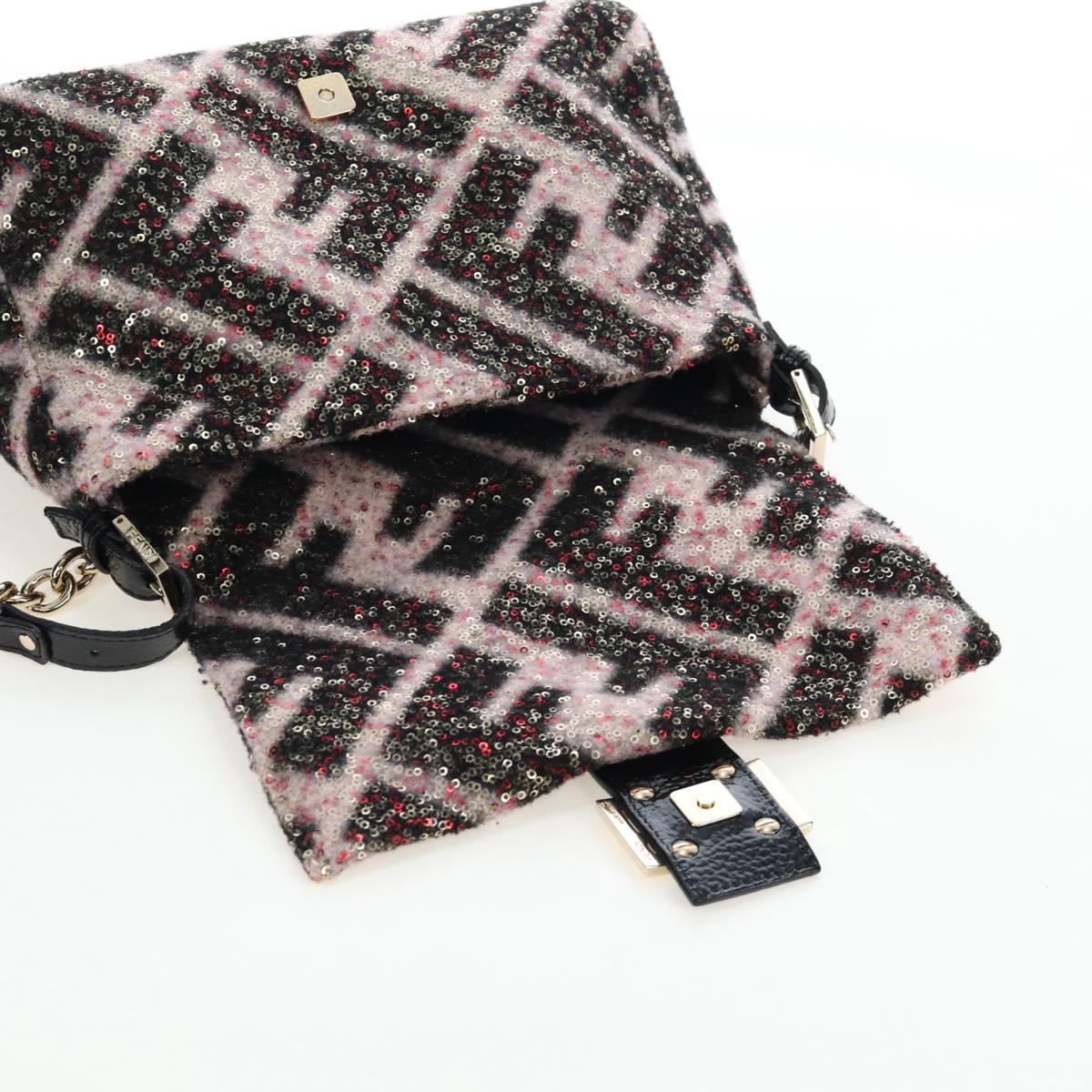 FENDI Chain Mamma Baguette Bag Wool Sequin Enamel Black Pink Auth am12104SM