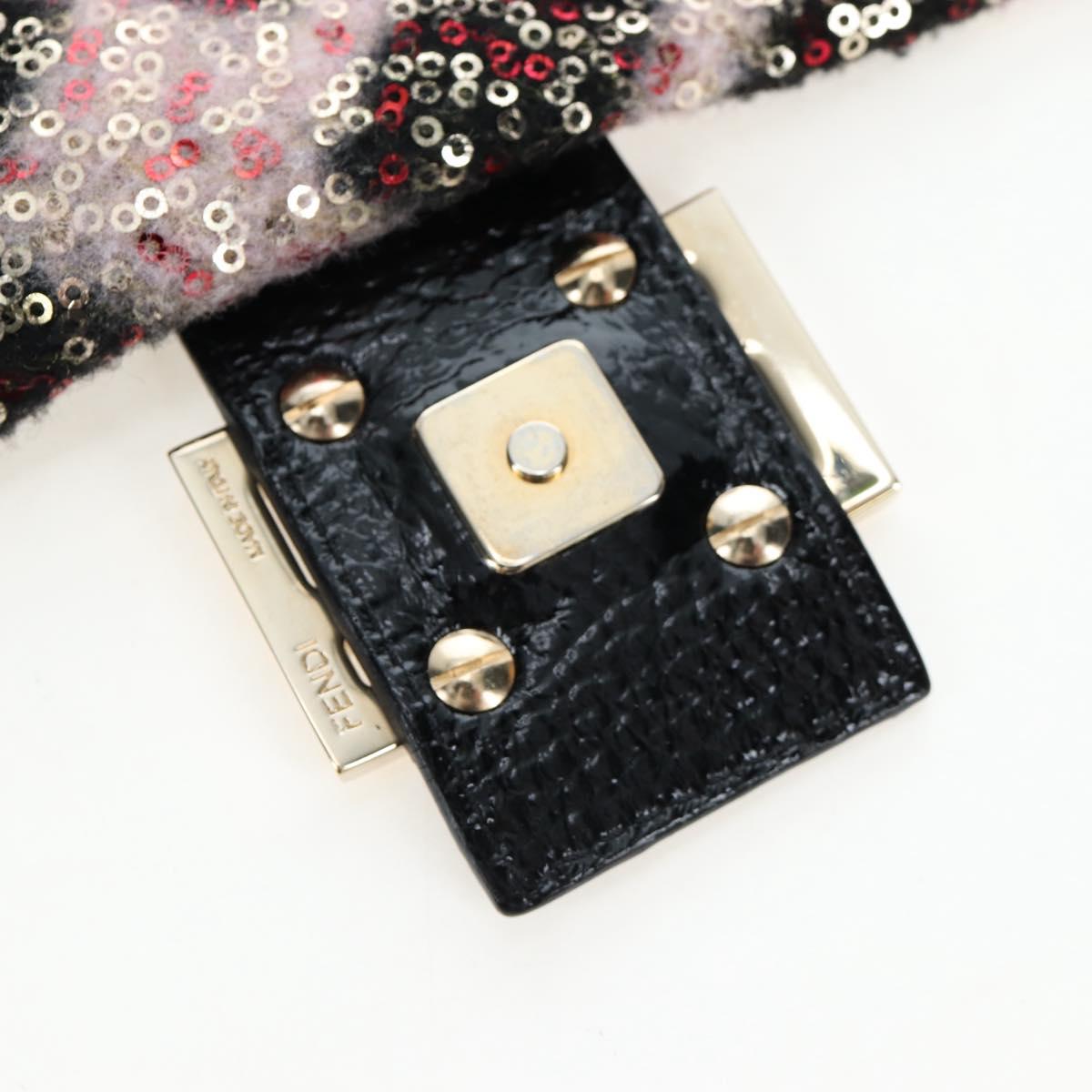 FENDI Chain Mamma Baguette Bag Wool Sequin Enamel Black Pink Auth am12104SM