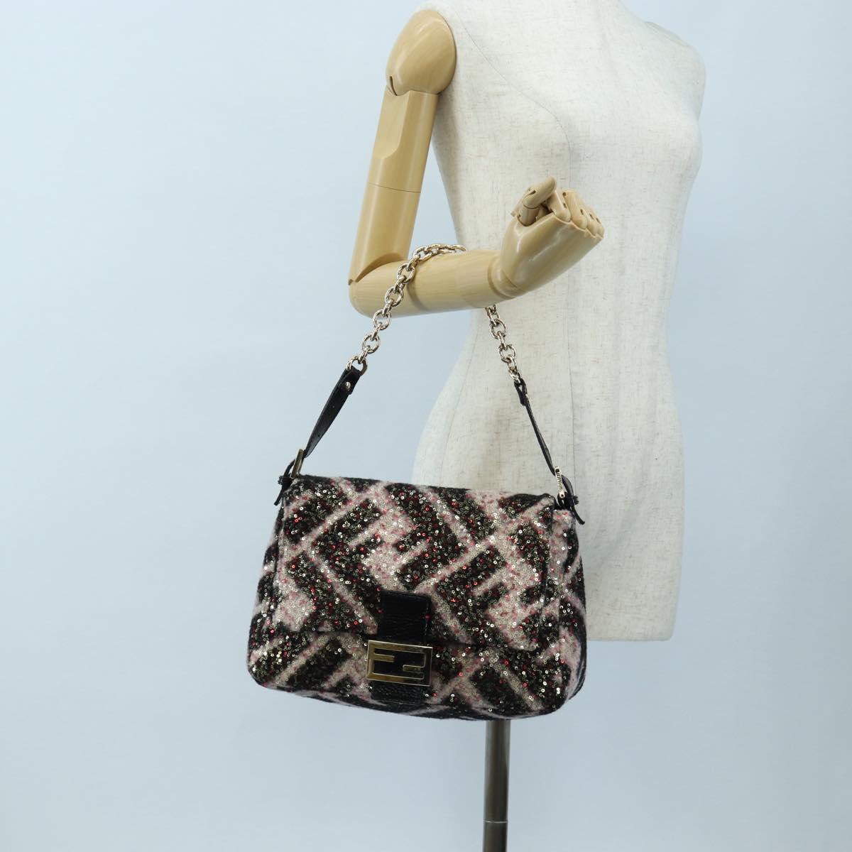 FENDI Chain Mamma Baguette Bag Wool Sequin Enamel Black Pink Auth am12104SM