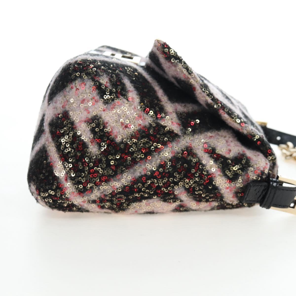 FENDI Chain Mamma Baguette Bag Wool Sequin Enamel Black Pink Auth am12104SM