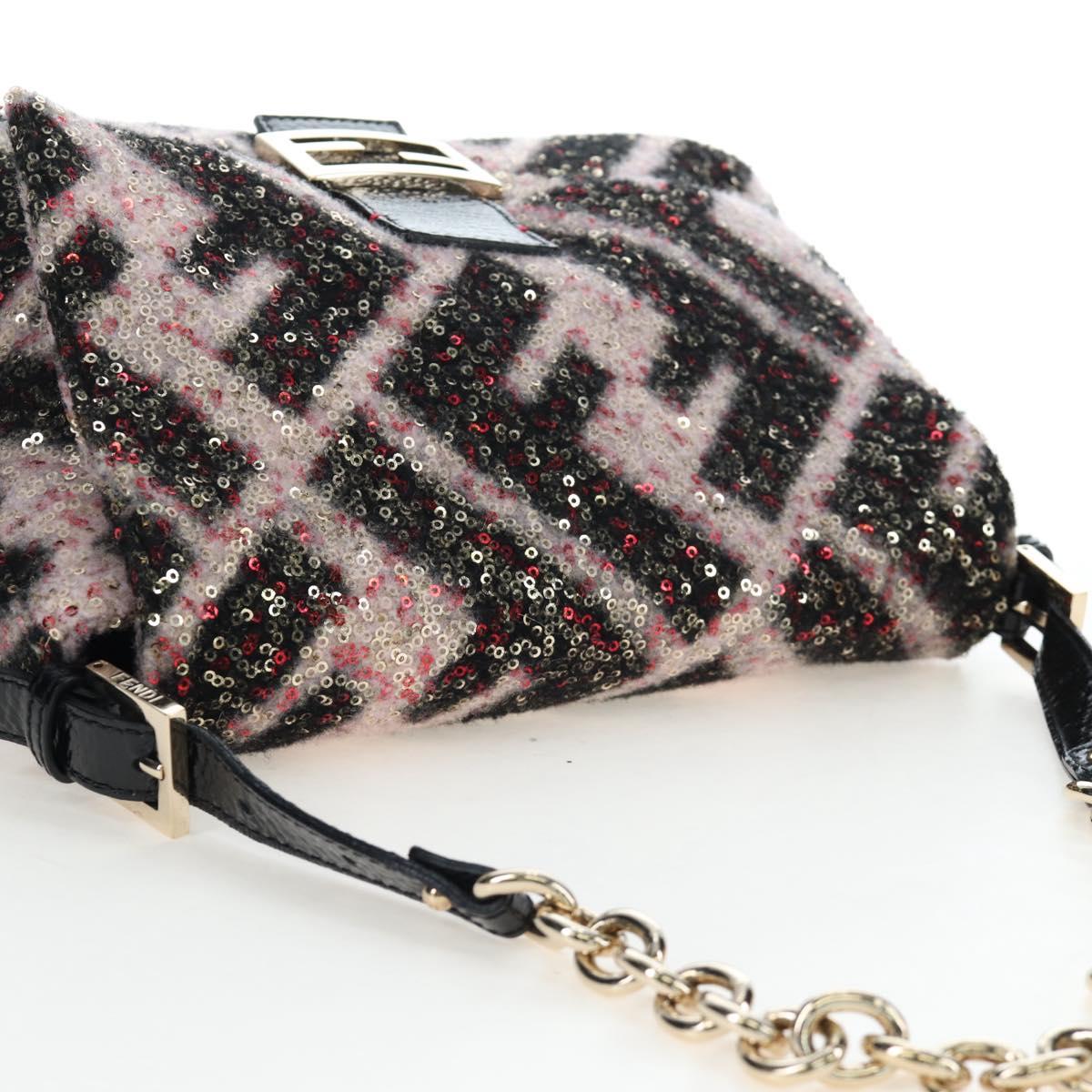 FENDI Chain Mamma Baguette Bag Wool Sequin Enamel Black Pink Auth am12104SM
