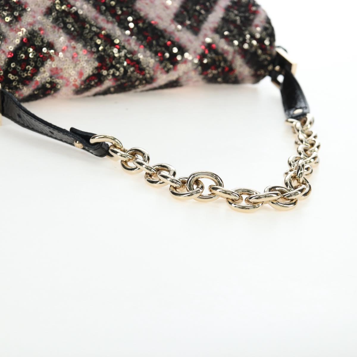 FENDI Chain Mamma Baguette Bag Wool Sequin Enamel Black Pink Auth am12104SM