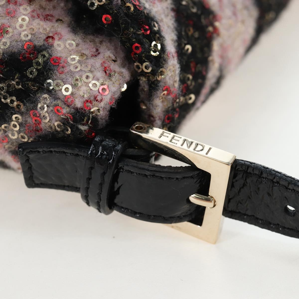 FENDI Chain Mamma Baguette Bag Wool Sequin Enamel Black Pink Auth am12104SM
