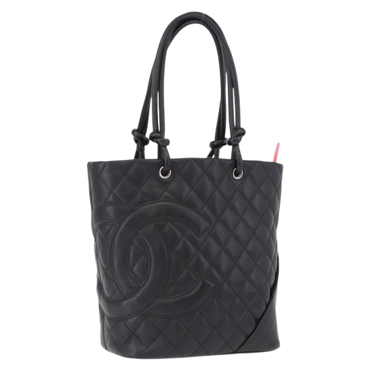 CHANEL Cambon Line Tote Bag Leather Black Silver CC Auth am12106M