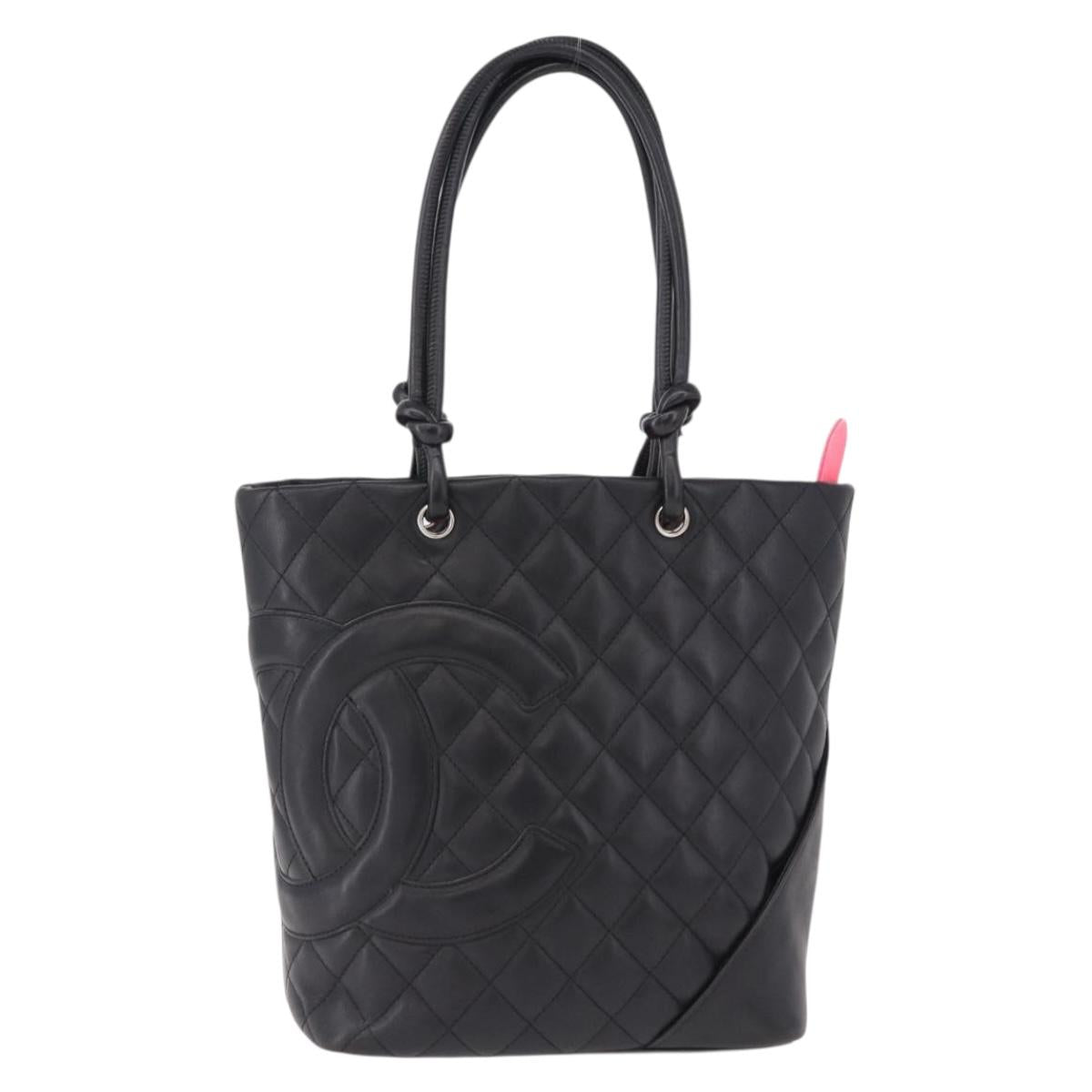 CHANEL Cambon Line Tote Bag Leather Black Silver CC Auth am12106M