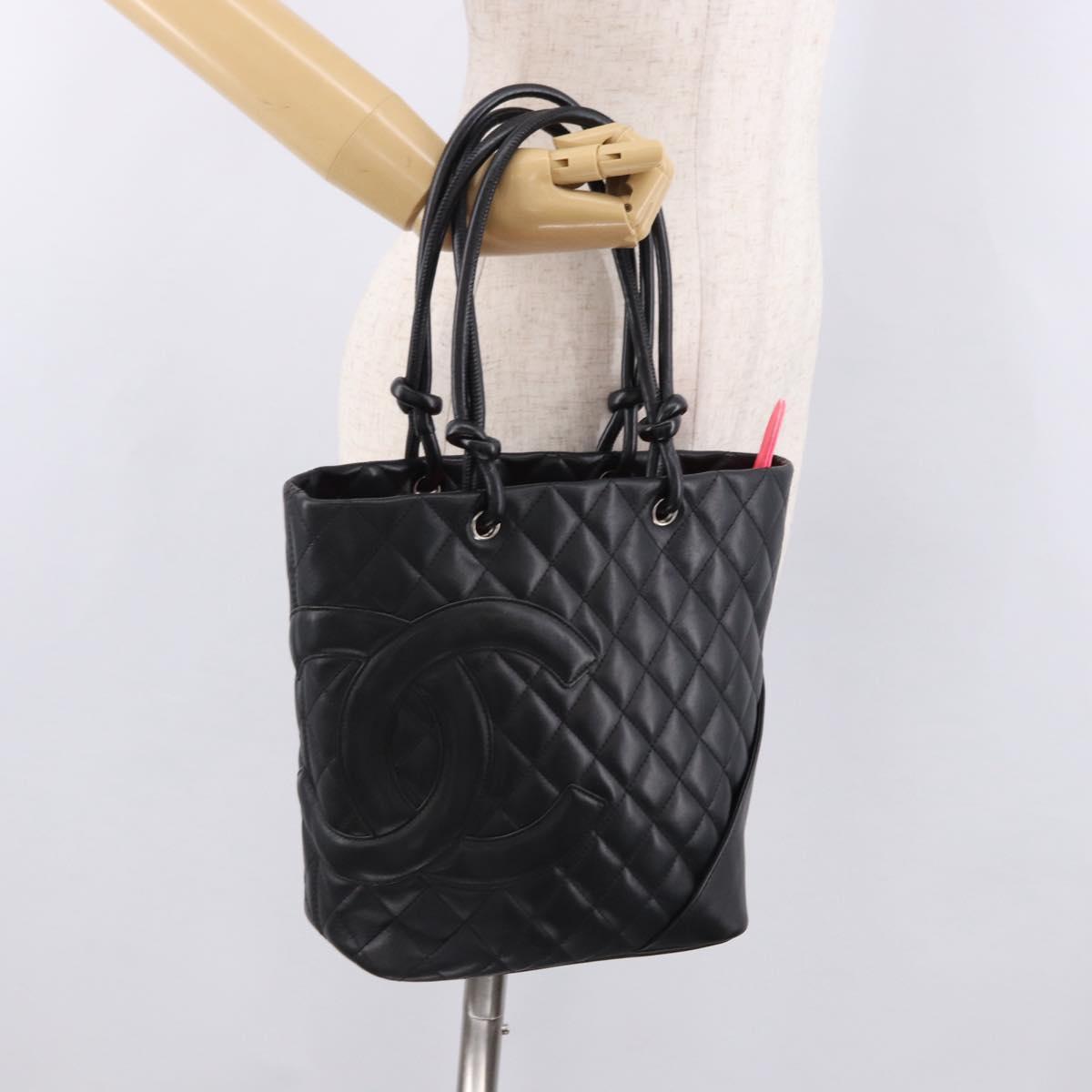 CHANEL Cambon Line Tote Bag Leather Black Silver CC Auth am12106M