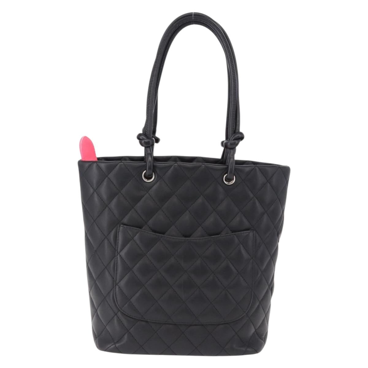 CHANEL Cambon Line Tote Bag Leather Black Silver CC Auth am12106M