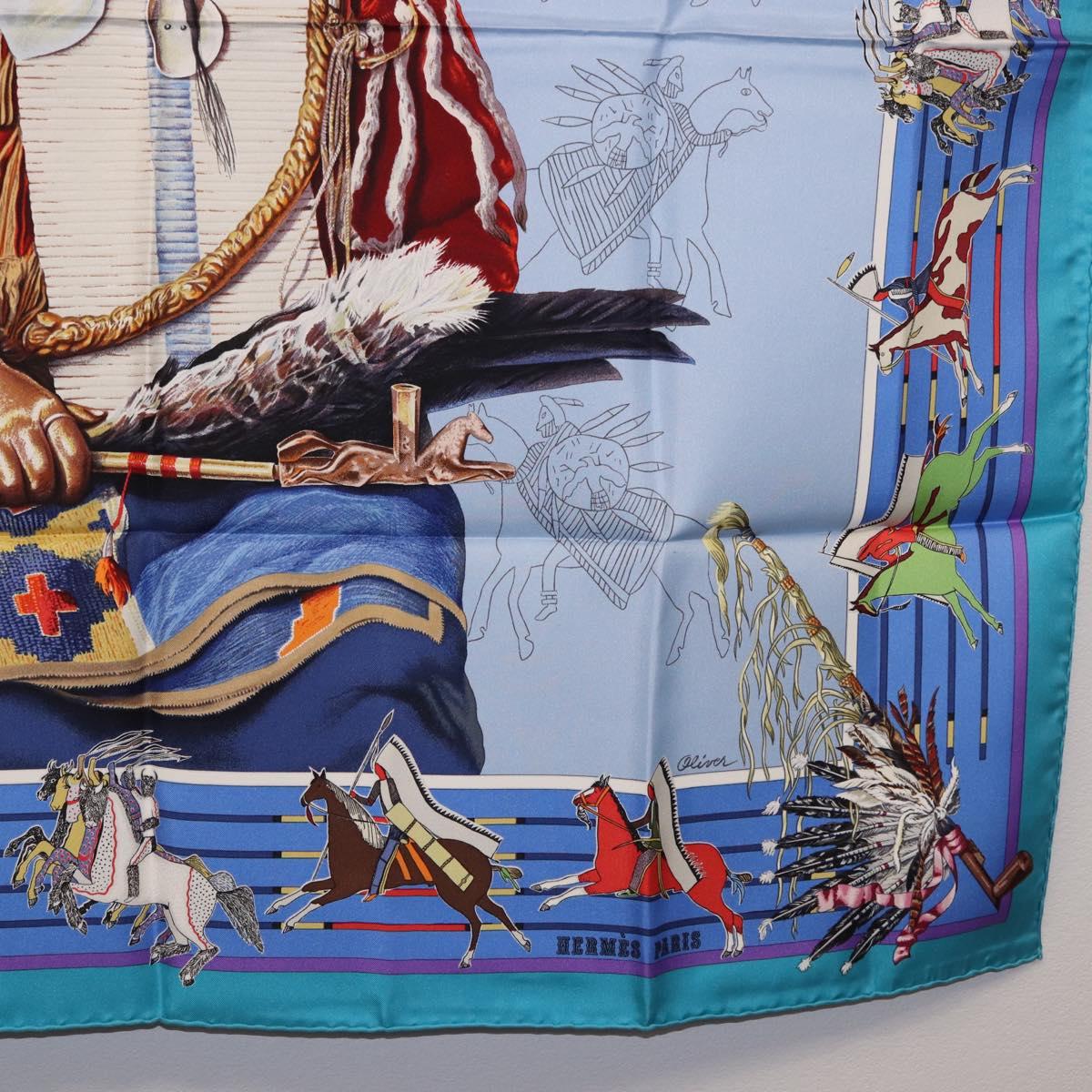 HERMES Carre 90 Scarf ”PANI LA SHAR PAWNEE” Silk Blue Auth am12110M