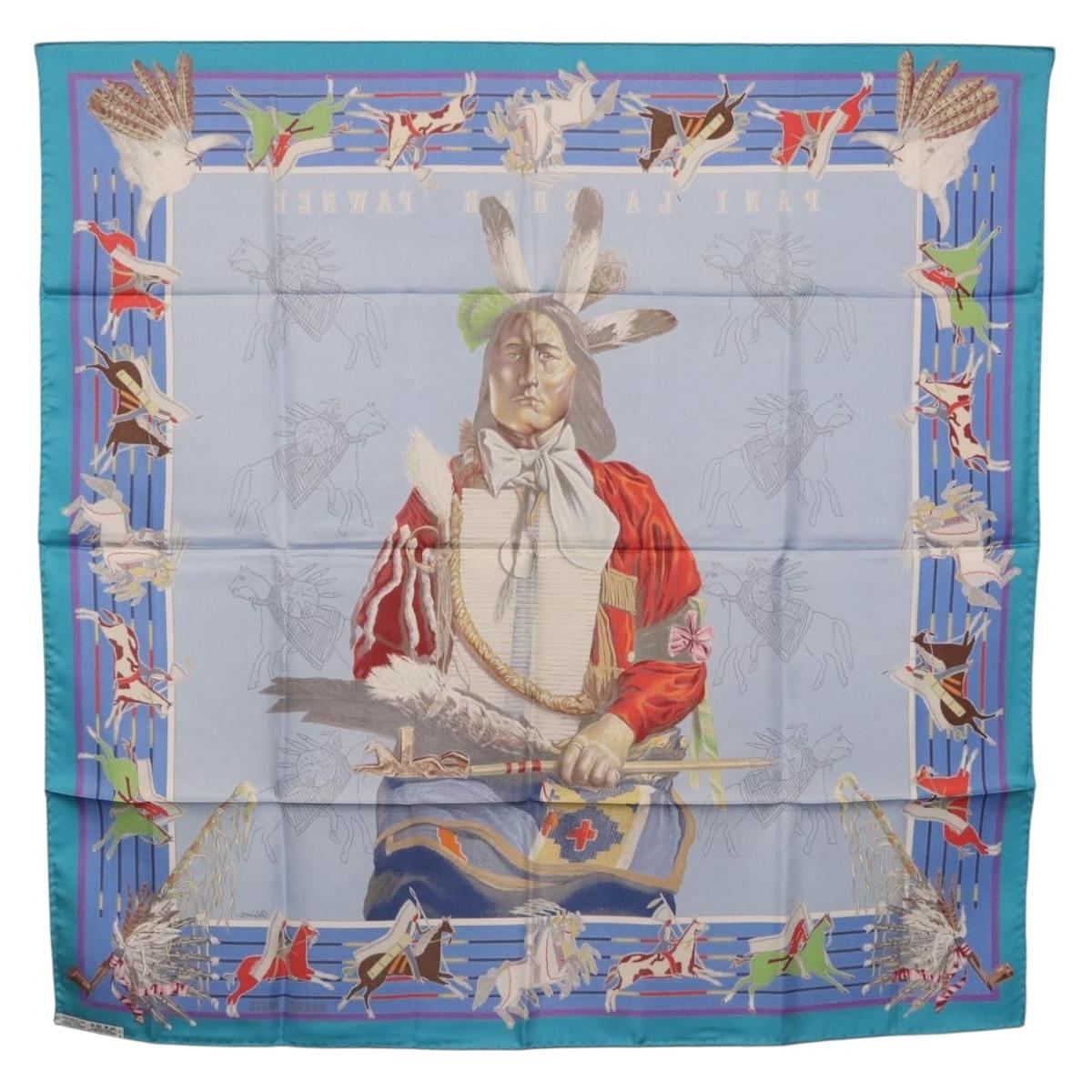 HERMES Carre 90 Scarf ”PANI LA SHAR PAWNEE” Silk Blue Auth am12110M