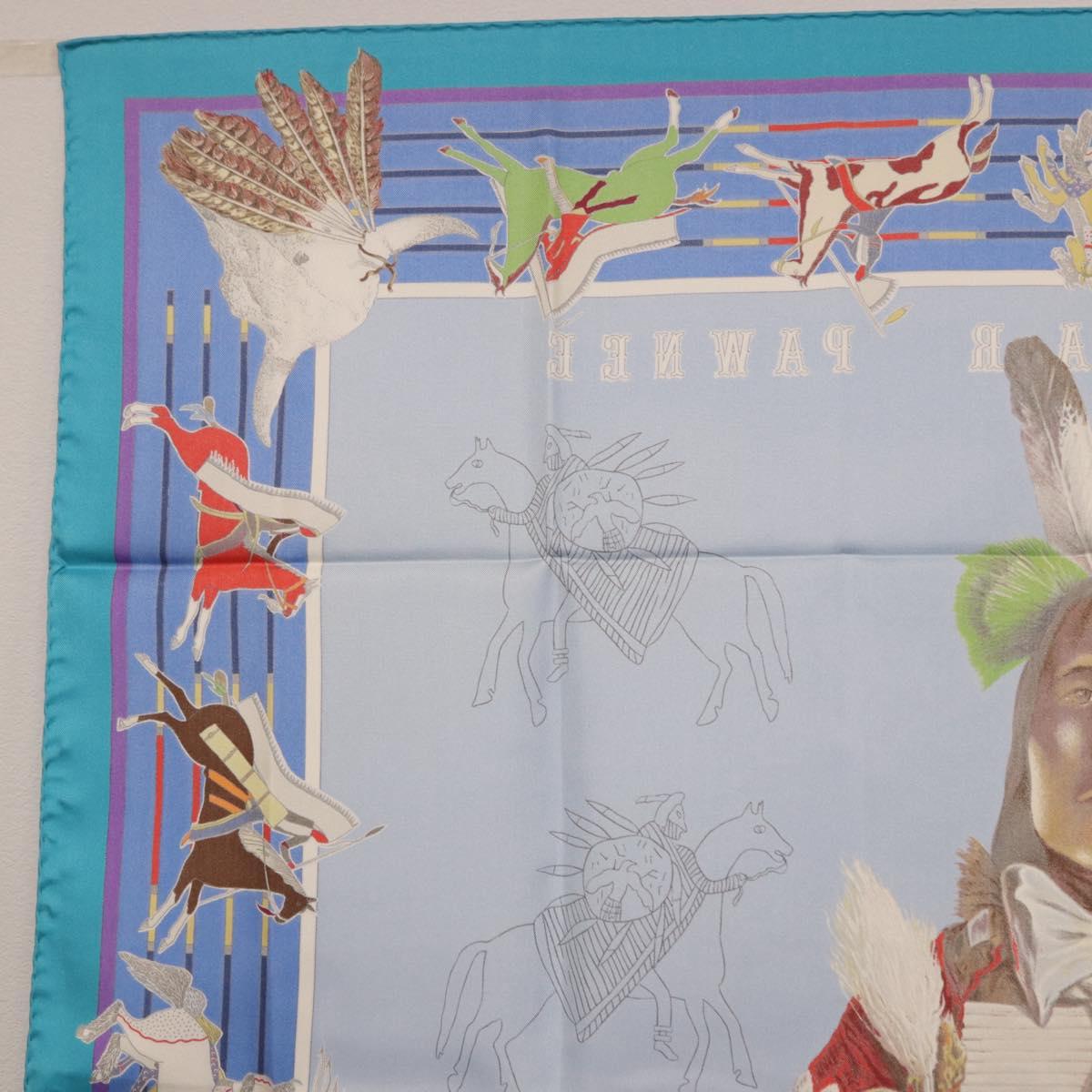 HERMES Carre 90 Scarf ”PANI LA SHAR PAWNEE” Silk Blue Auth am12110M