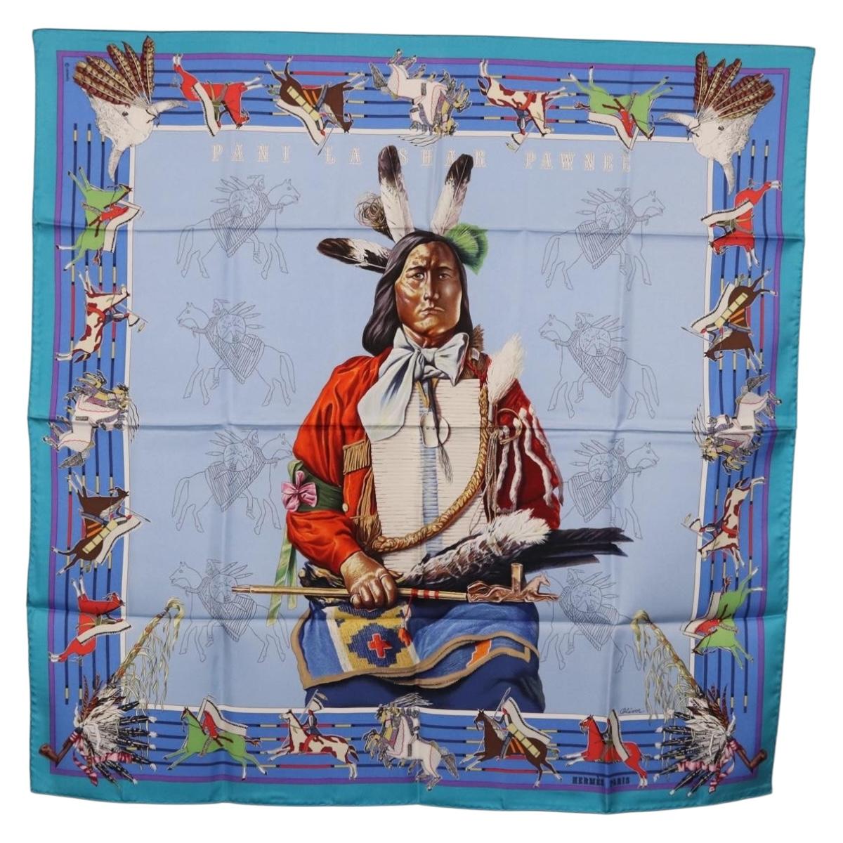 HERMES Carre 90 Scarf ”PANI LA SHAR PAWNEE” Silk Blue Auth am12110M