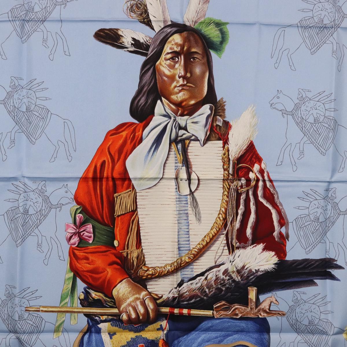 HERMES Carre 90 Scarf ”PANI LA SHAR PAWNEE” Silk Blue Auth am12110M