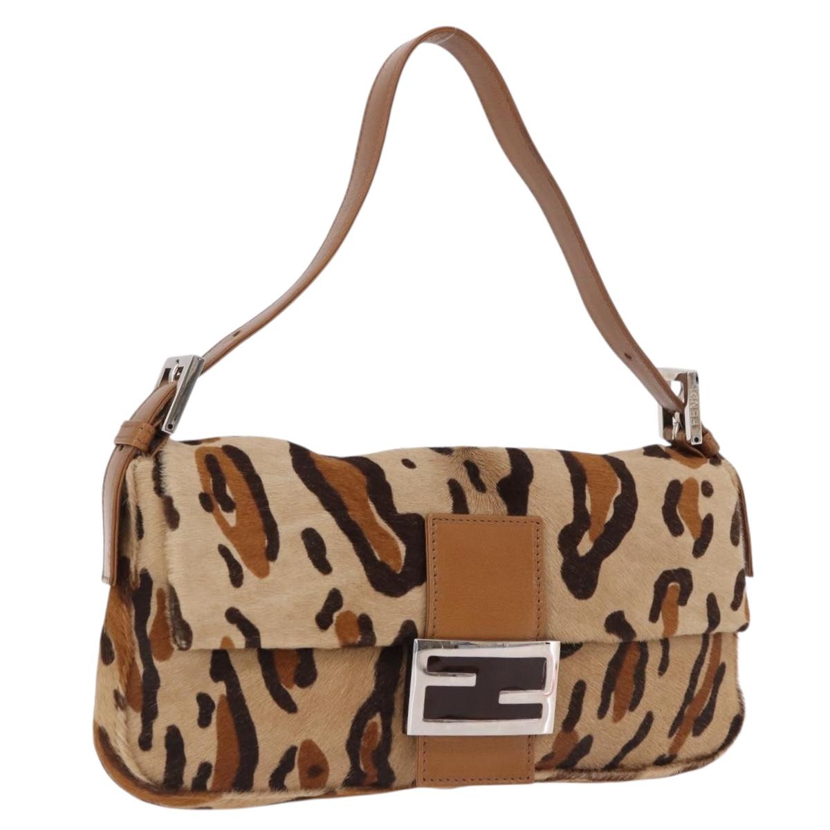 FENDI Leopard Mamma Baguette Bag Harako leather Beige Silver Auth am12111SM