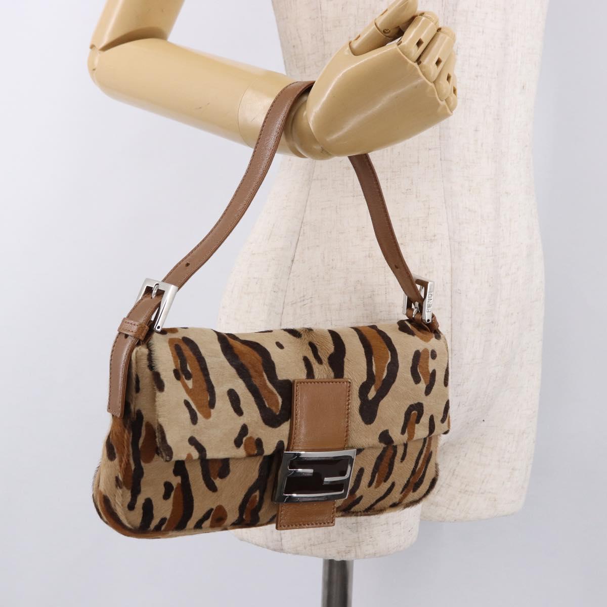 FENDI Leopard Mamma Baguette Bag Harako leather Beige Silver Auth am12111SM