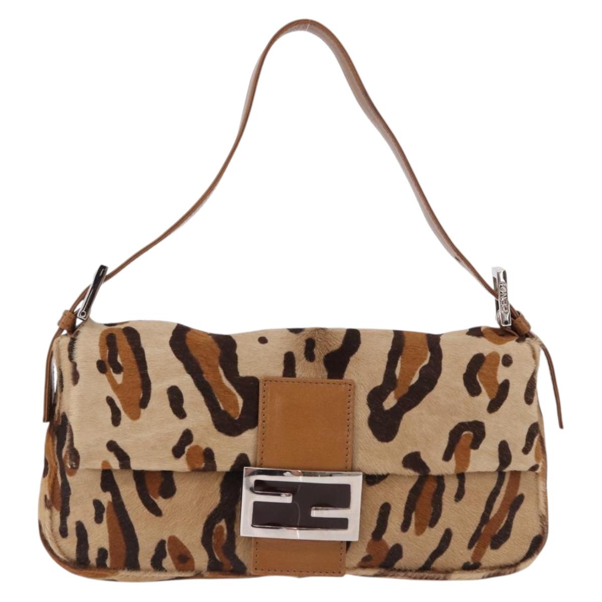 FENDI Leopard Mamma Baguette Bag Harako leather Beige Silver Auth am12111SM