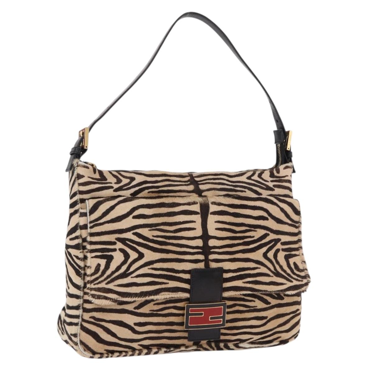 FENDI Zebra Pattern Mamma Baguette Bag Harako leather Beige Gold Auth am12114SAM
