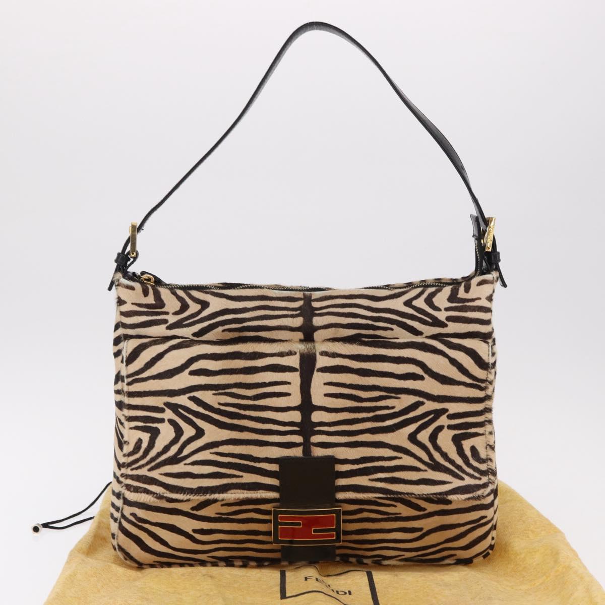 FENDI Zebra Pattern Mamma Baguette Bag Harako leather Beige Gold Auth am12114SAM