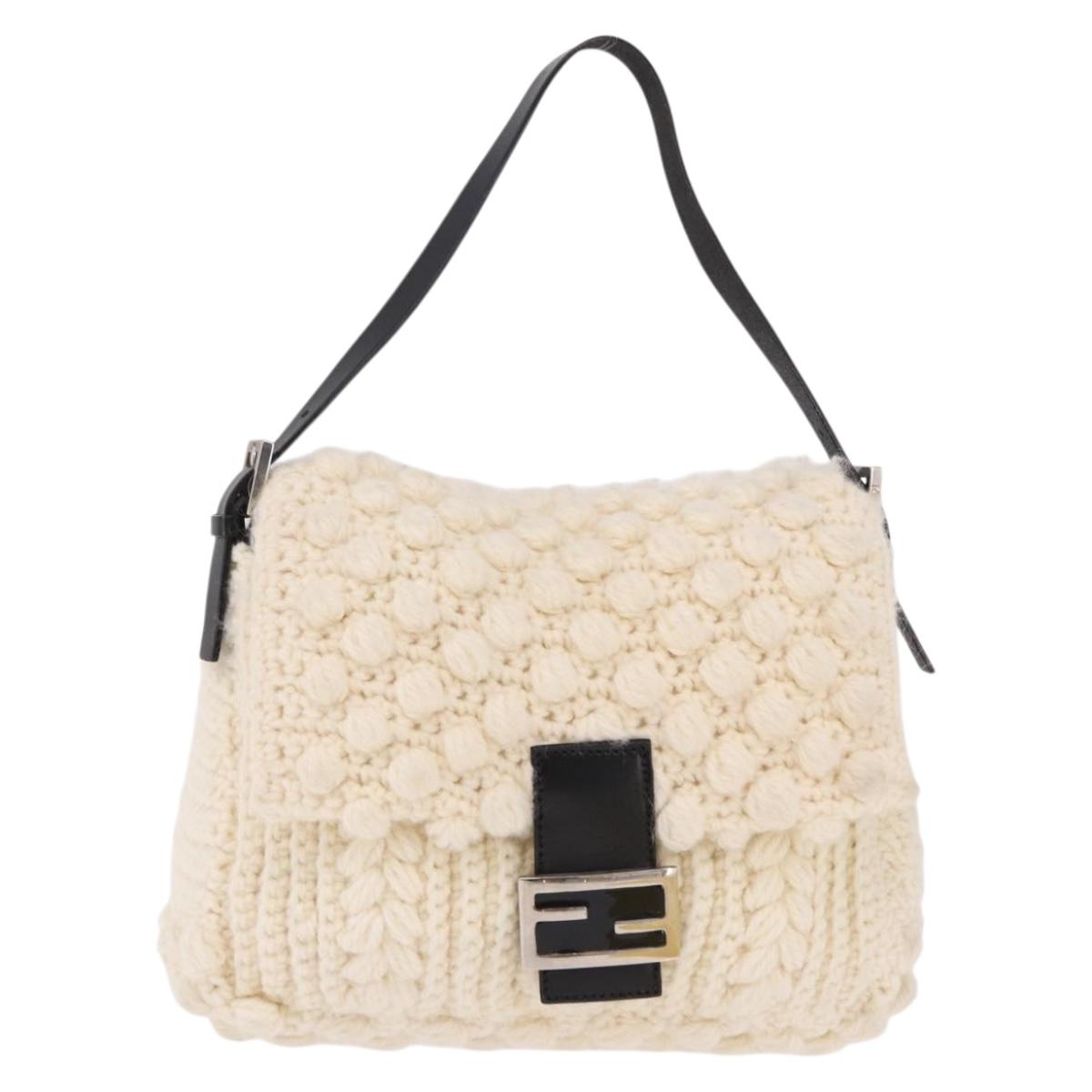 FENDI Mamma Baguette Shoulder Bag Wool White Black Auth am12117SAV