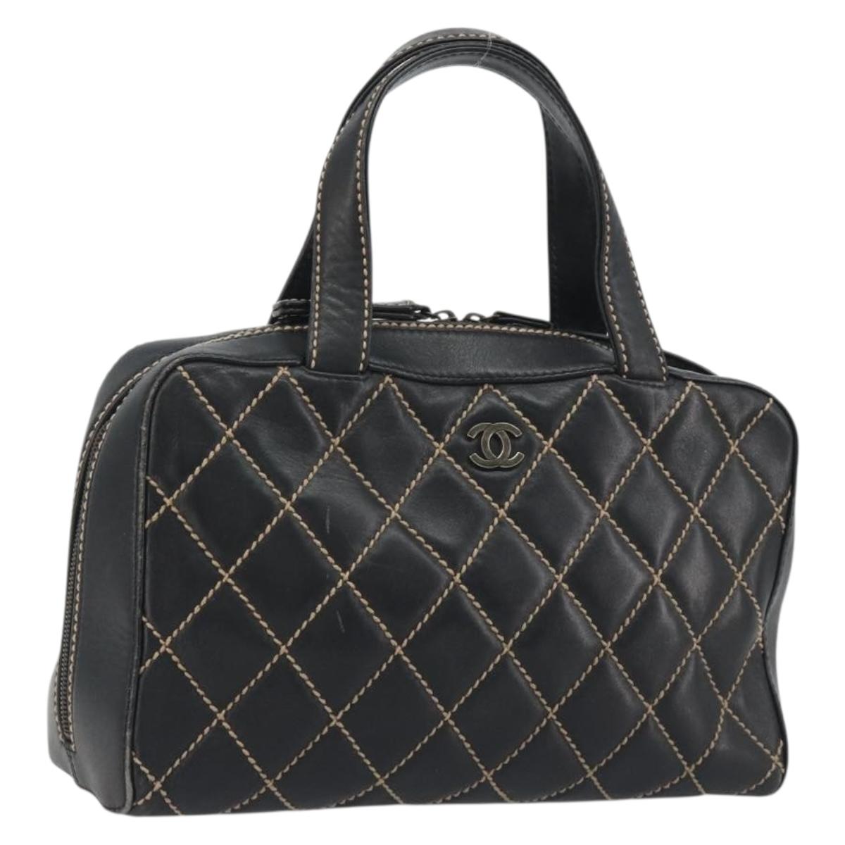 CHANEL Wild Stitch Hand Bag Leather Black CC Auth am12135