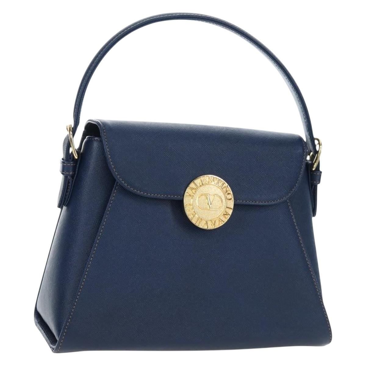 VALENTINO Hand Bag Leather 2way Blue Gold Auth am12139V