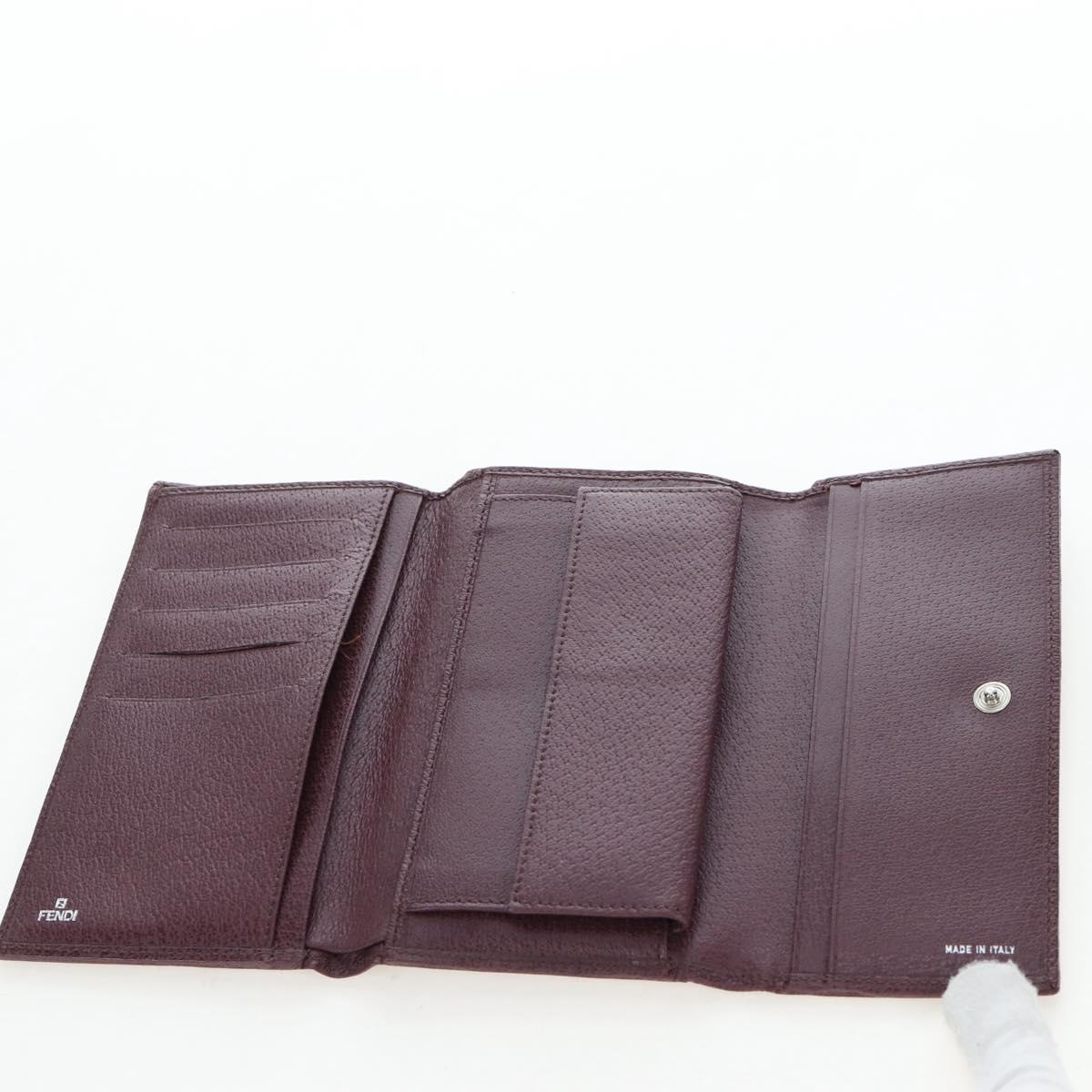 FENDI Zucca Canvas Trifold Wallet Nylon Leather Bordeaux Silver Auth am12141V