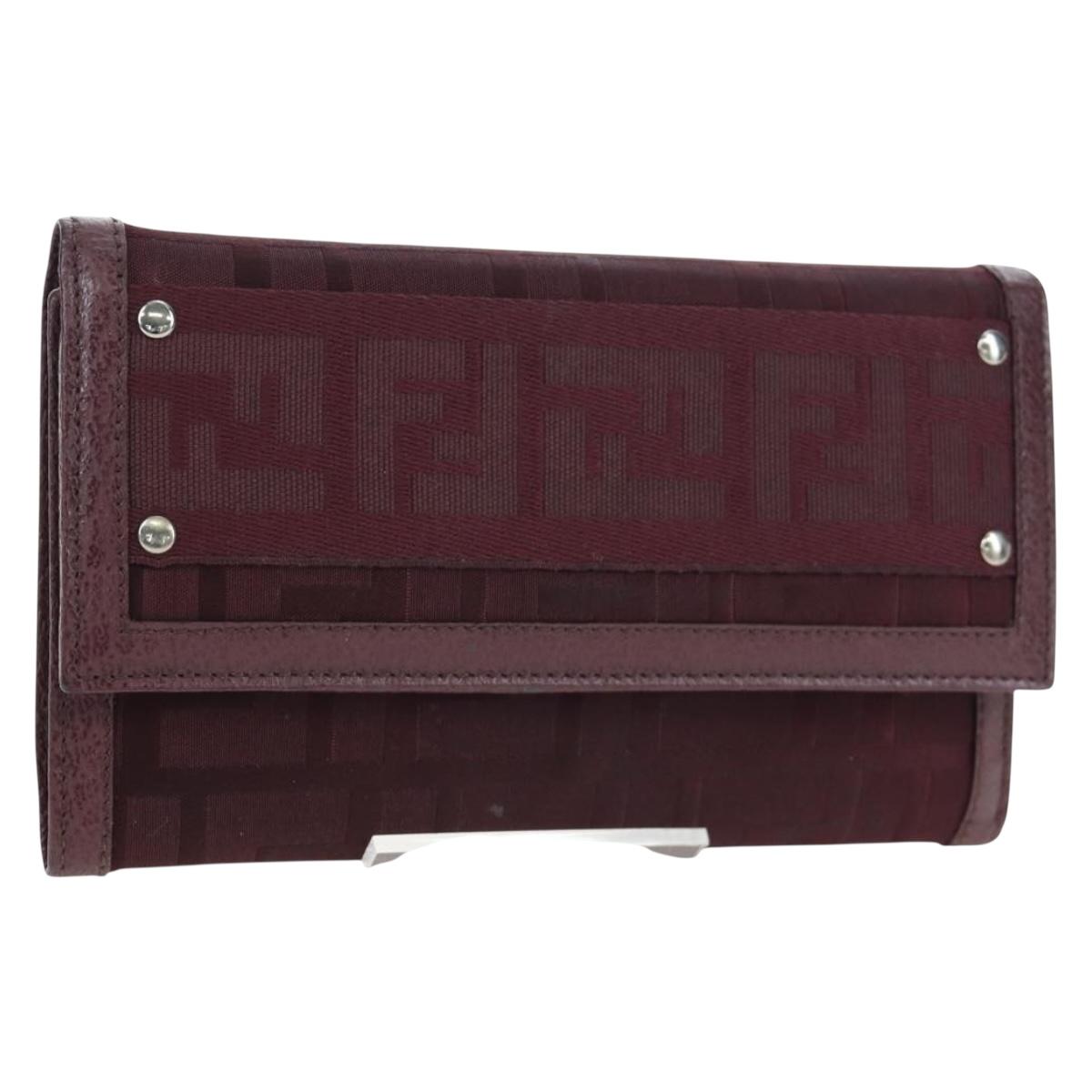 FENDI Zucca Canvas Trifold Wallet Nylon Leather Bordeaux Silver Auth am12141V