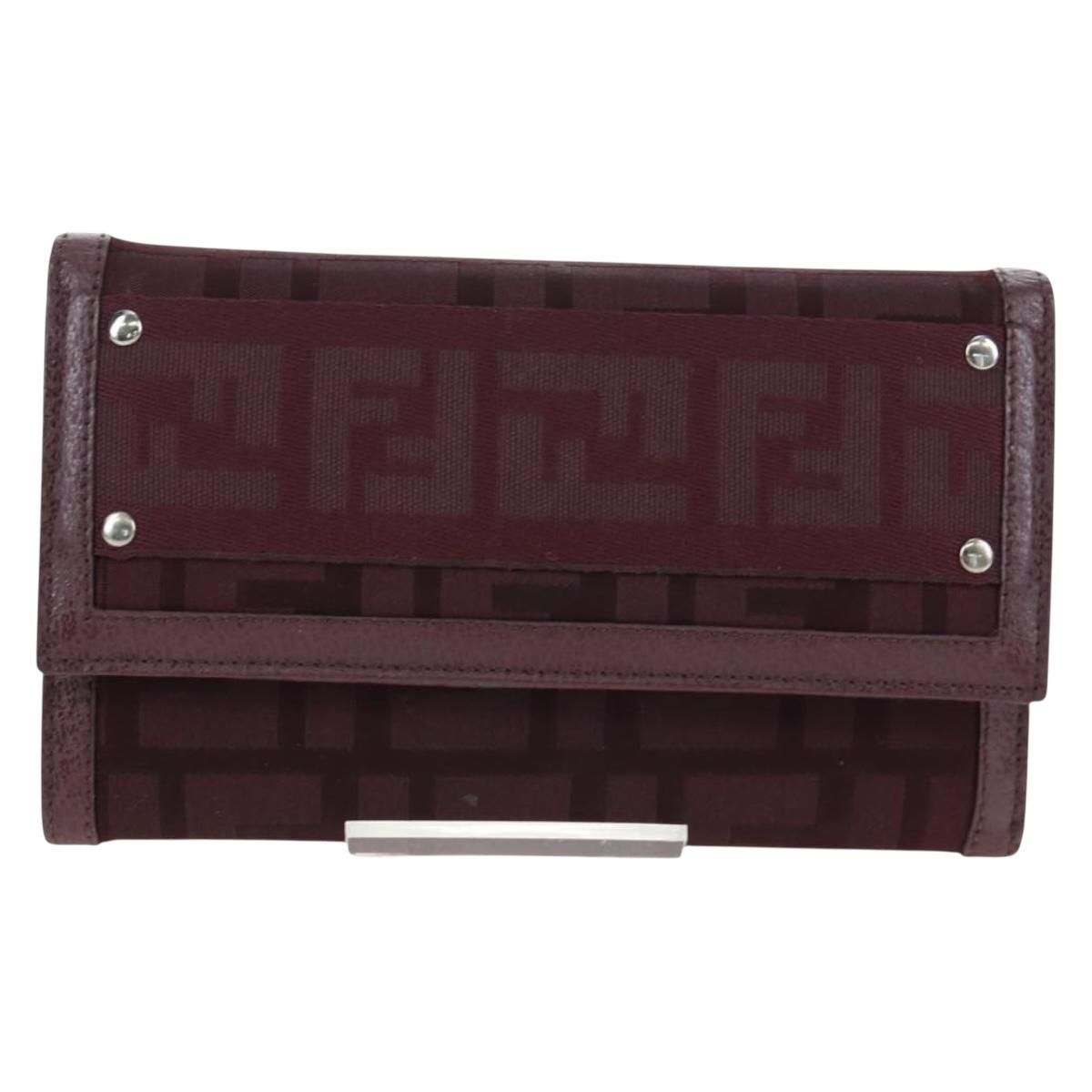 FENDI Zucca Canvas Trifold Wallet Nylon Leather Bordeaux Silver Auth am12141V