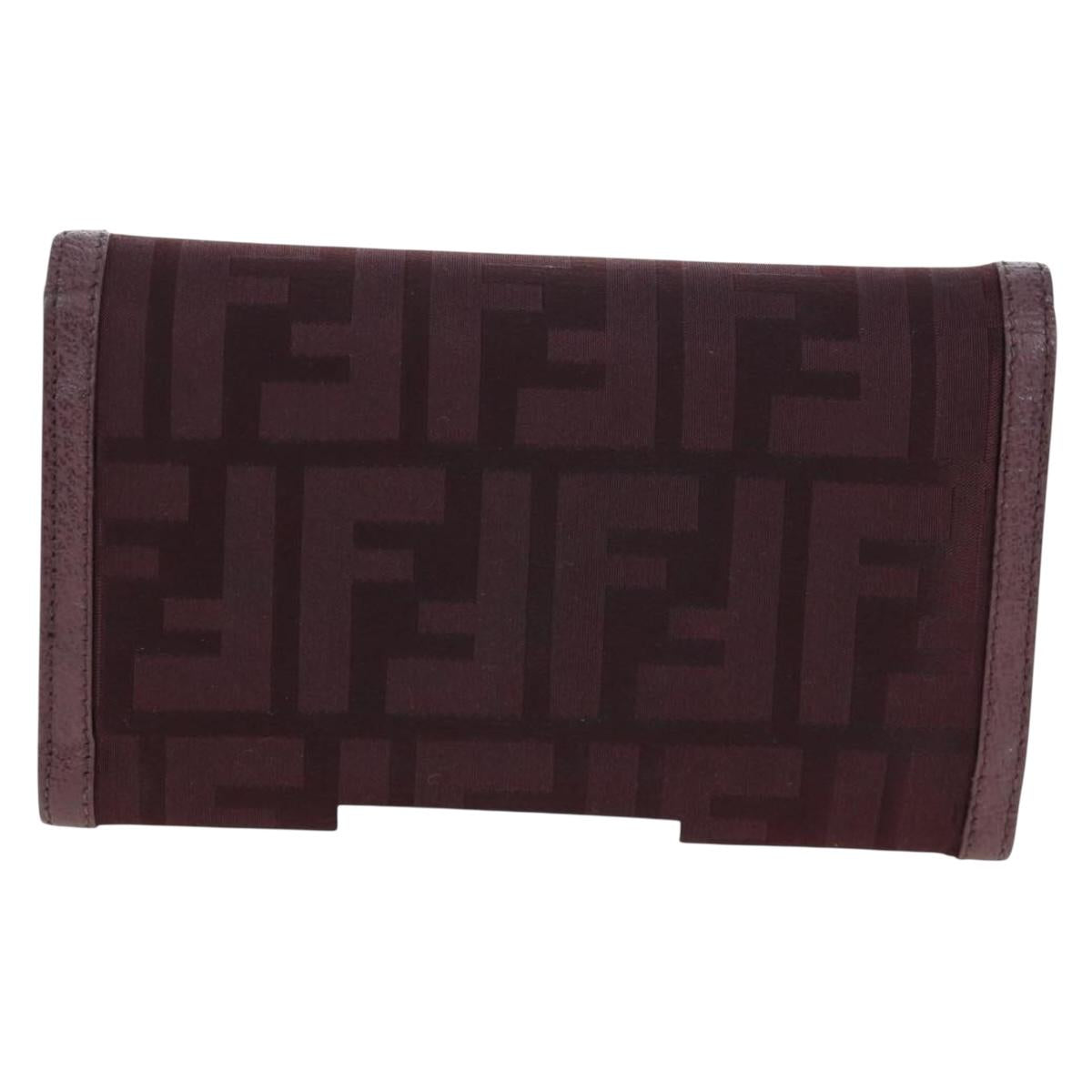 FENDI Zucca Canvas Trifold Wallet Nylon Leather Bordeaux Silver Auth am12141V