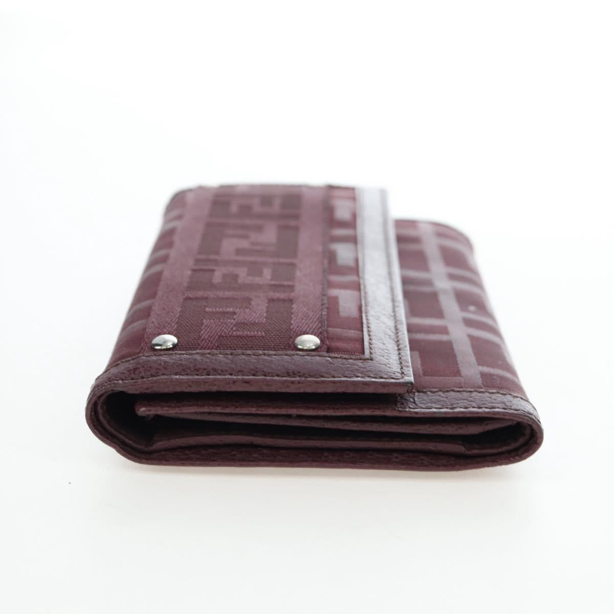 FENDI Zucca Canvas Trifold Wallet Nylon Leather Bordeaux Silver Auth am12141V