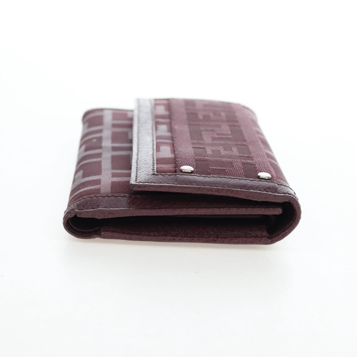 FENDI Zucca Canvas Trifold Wallet Nylon Leather Bordeaux Silver Auth am12141V