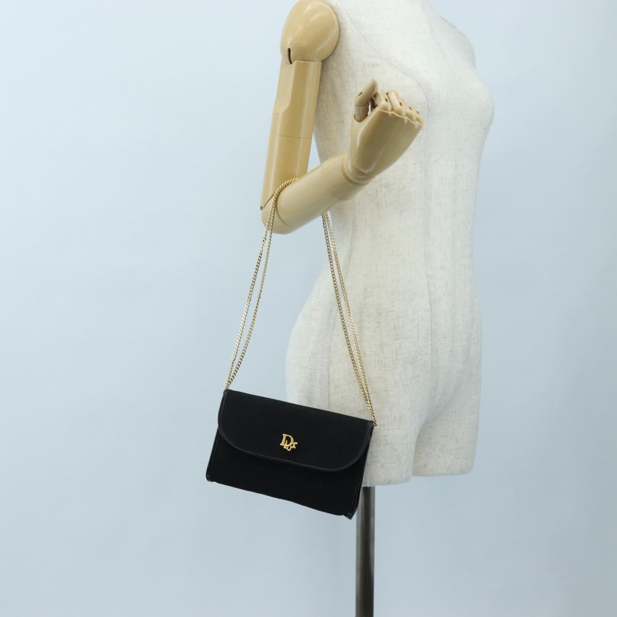 Christian Dior Trotter Canvas Chain Shoulder Bag Black Gold Auth am12151V