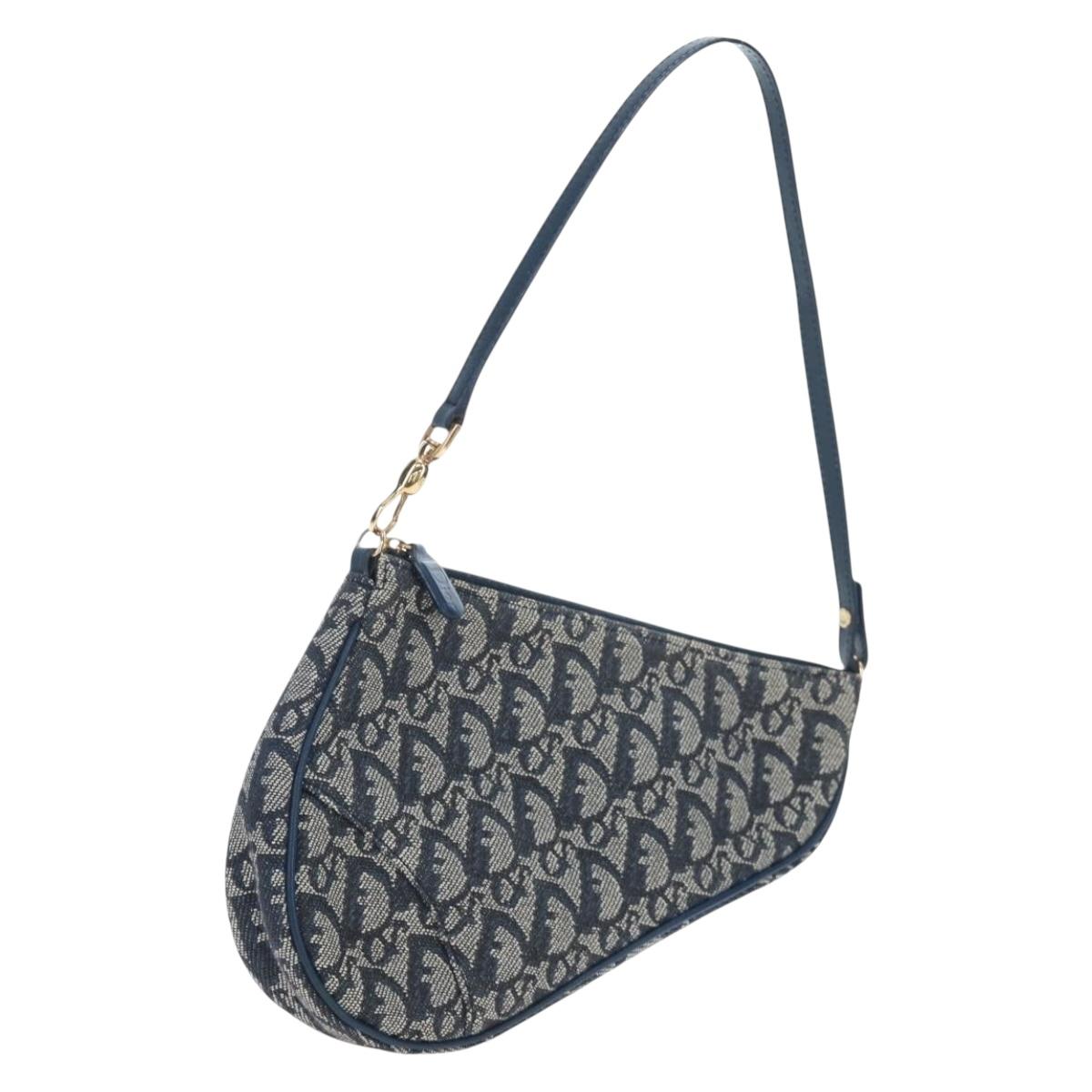 Christian Dior Trotter Canvas Saddle Pouch Navy Gold Auth am12177V