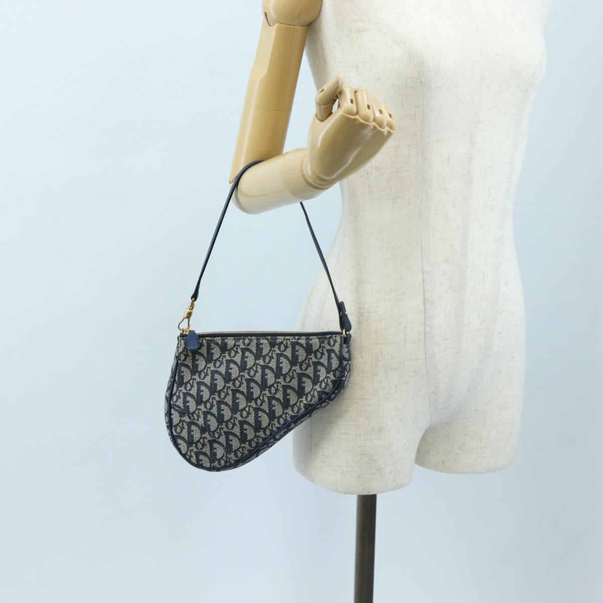 Christian Dior Trotter Canvas Saddle Pouch Navy Gold Auth am12177V